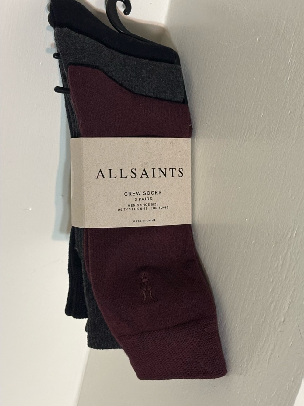 AllSaints Men's 3-Pack Crew Socks — Burgundy, Charcoal, Black